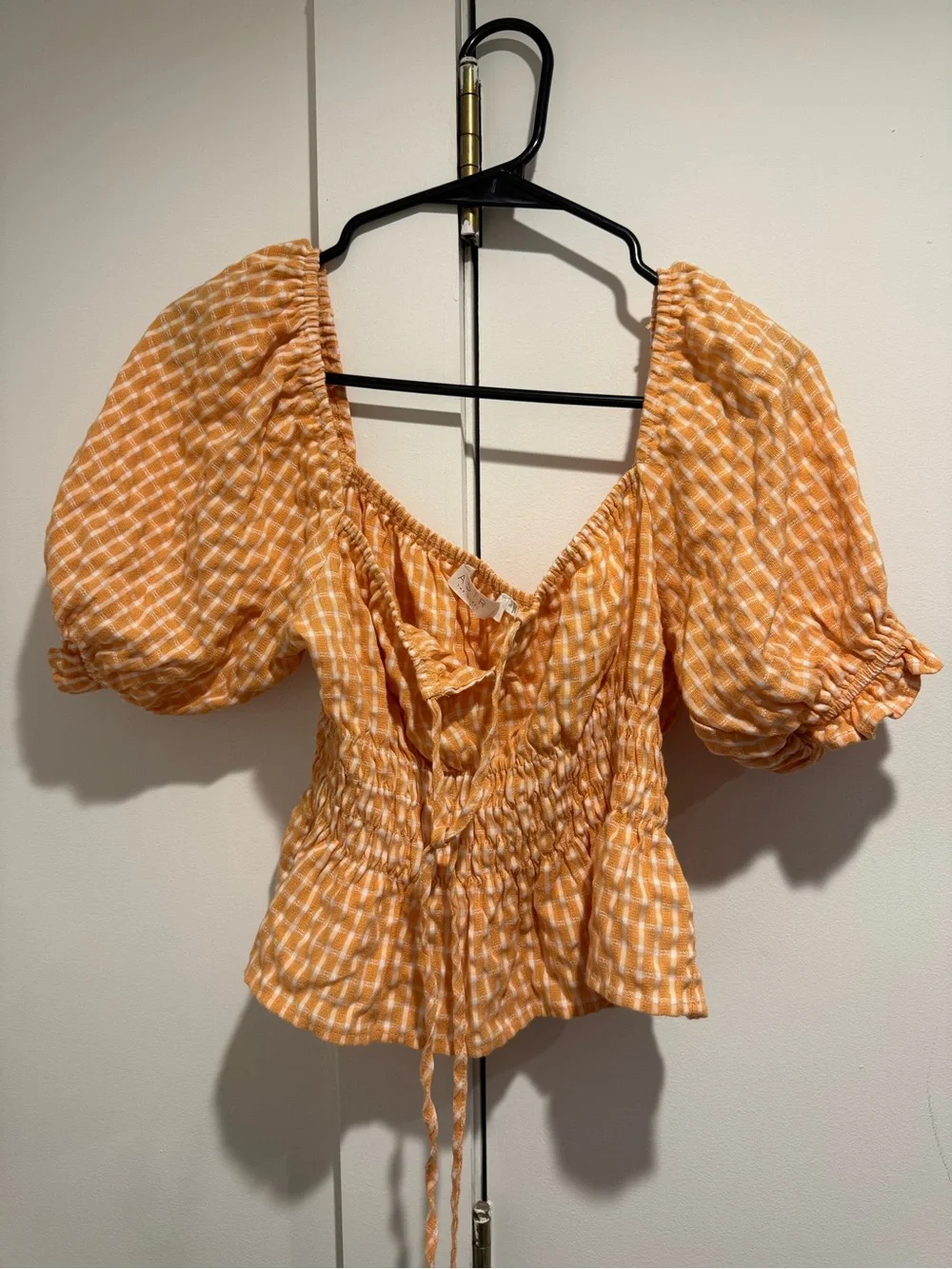 Astr Orange Gingham Puff-Sleeve Smocked Crop Top